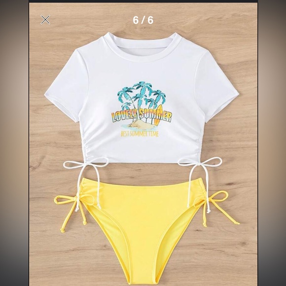 SHEIN Slogan Graphic Drawstring Side Bikini Swimsuit.  2 piece yellow and white - Picture 3 of 7